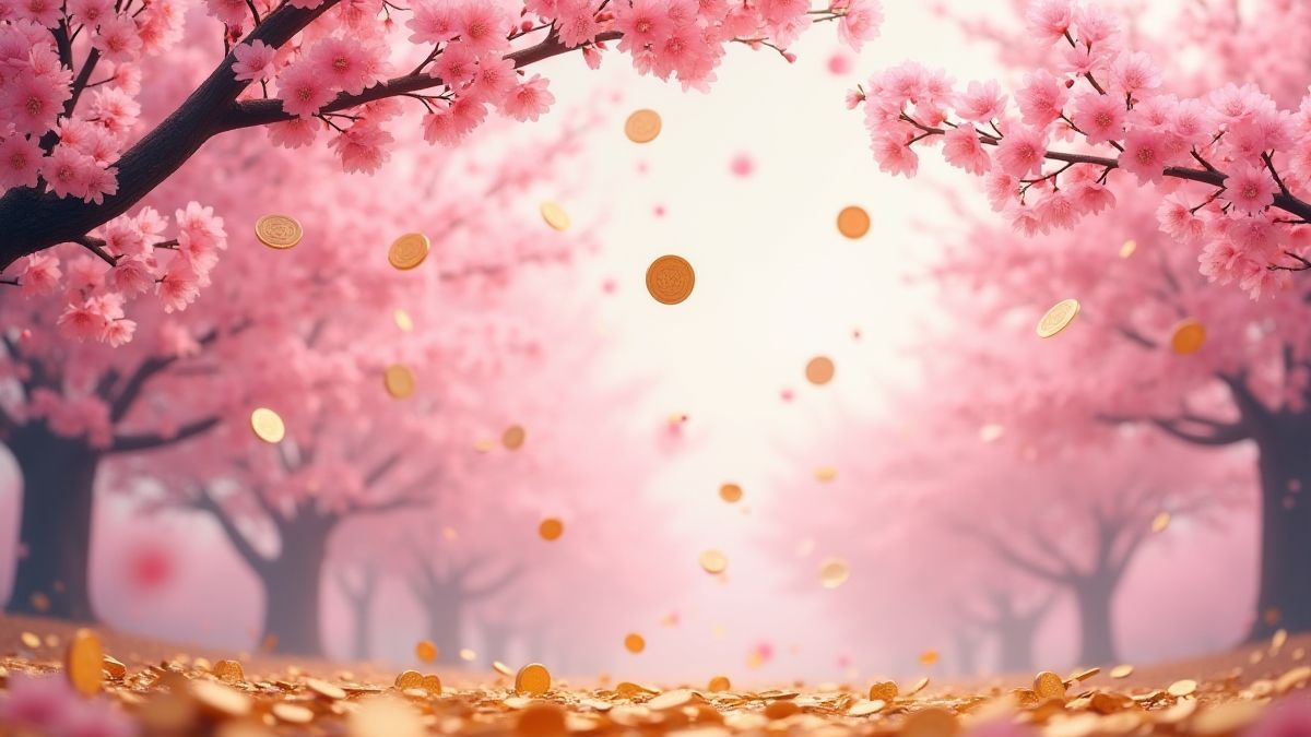 Fleurs de cerisier avec des pièces dorées tombant.
