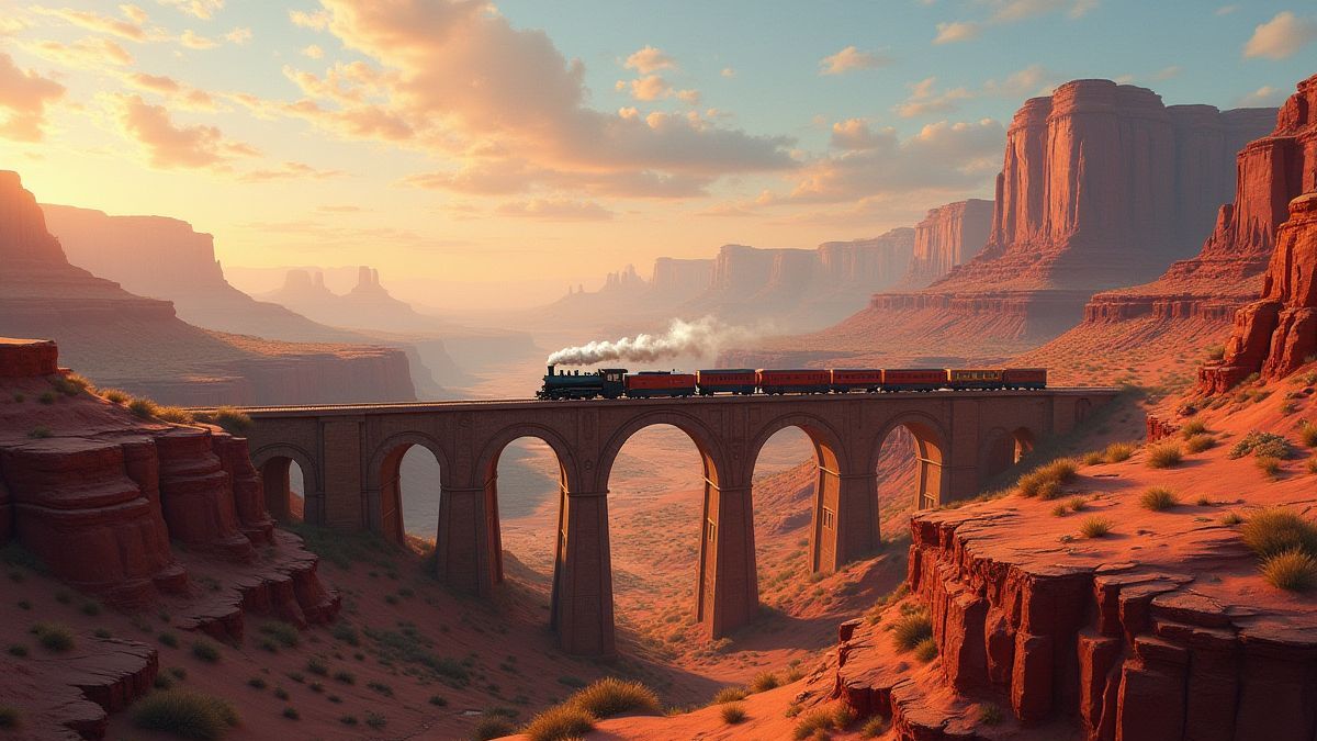 Cânion desértico com um trem a vapor cruzando uma ponte.