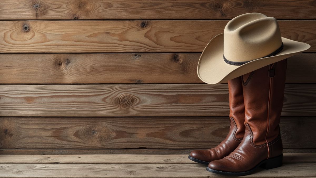 Chapéu e botas de cowboy sobre tábuas de madeira.