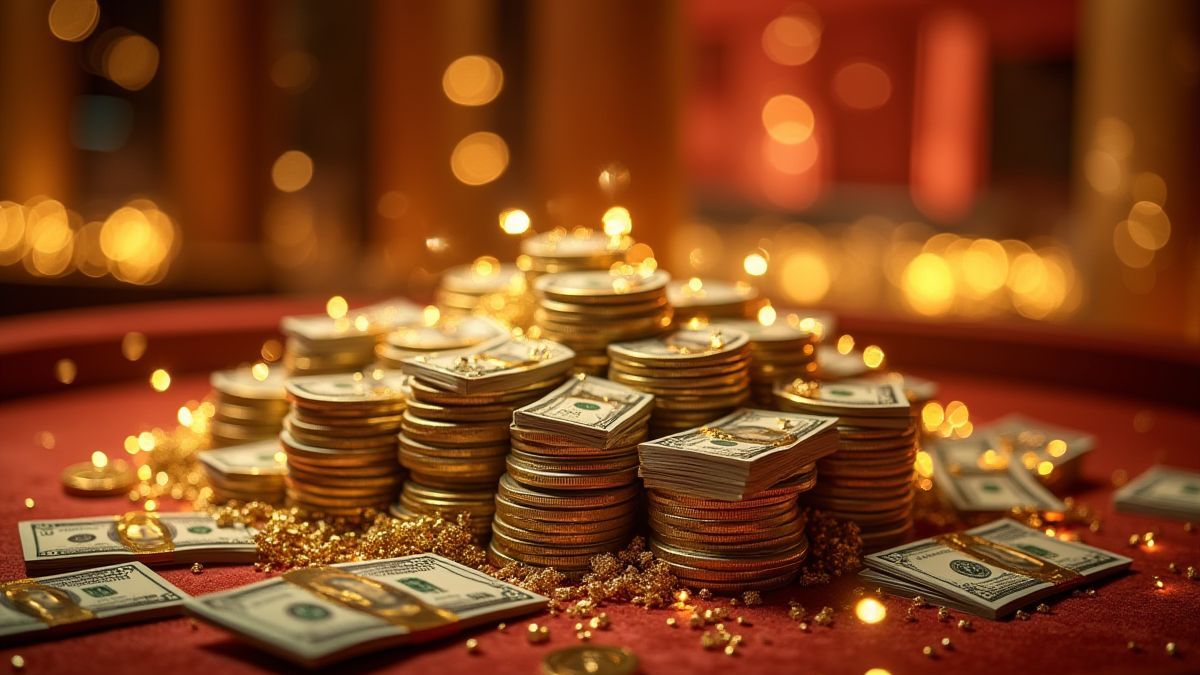 Un casino luxueux avec des décorations dorées et des piles d'argent.