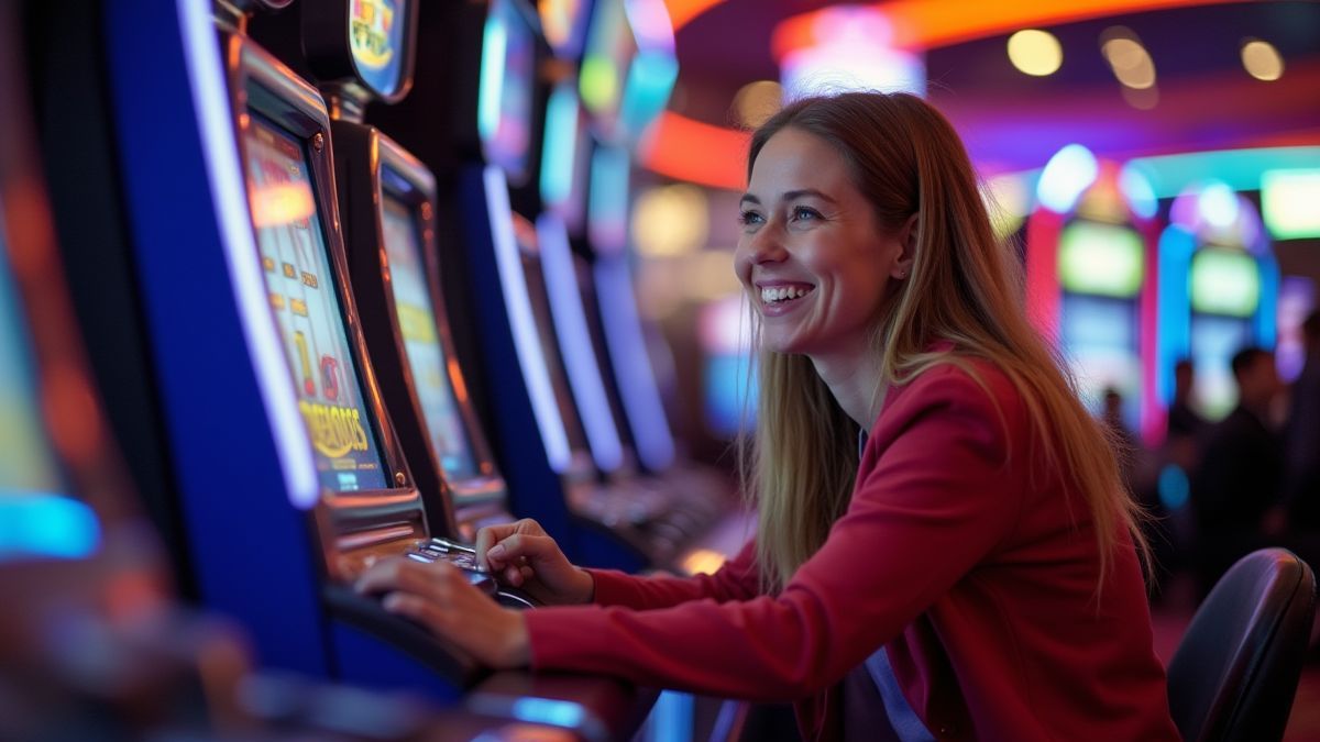 Un débutant jouant à une machine à sous dans un casino animé.