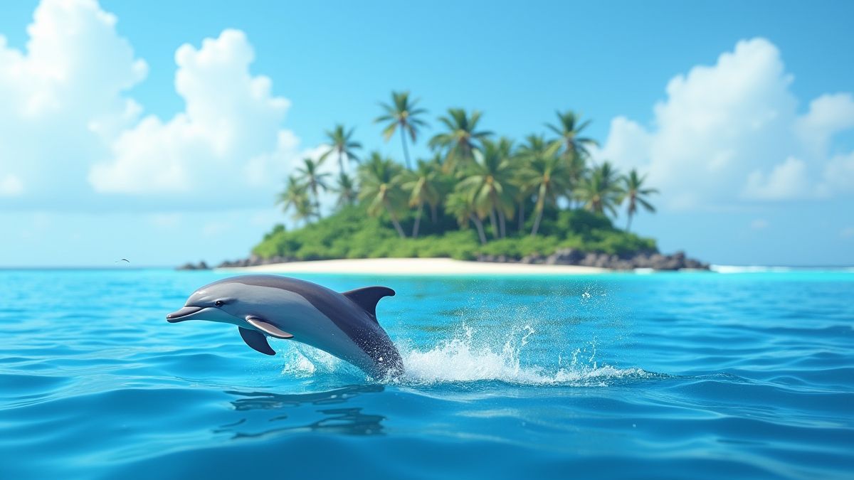 Un delfín saltando frente a una isla tropical.