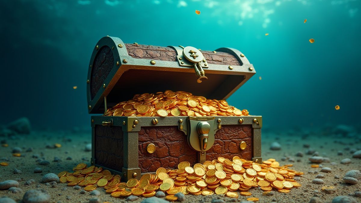 Un cofre del tesoro lleno de monedas y joyas bajo el agua.