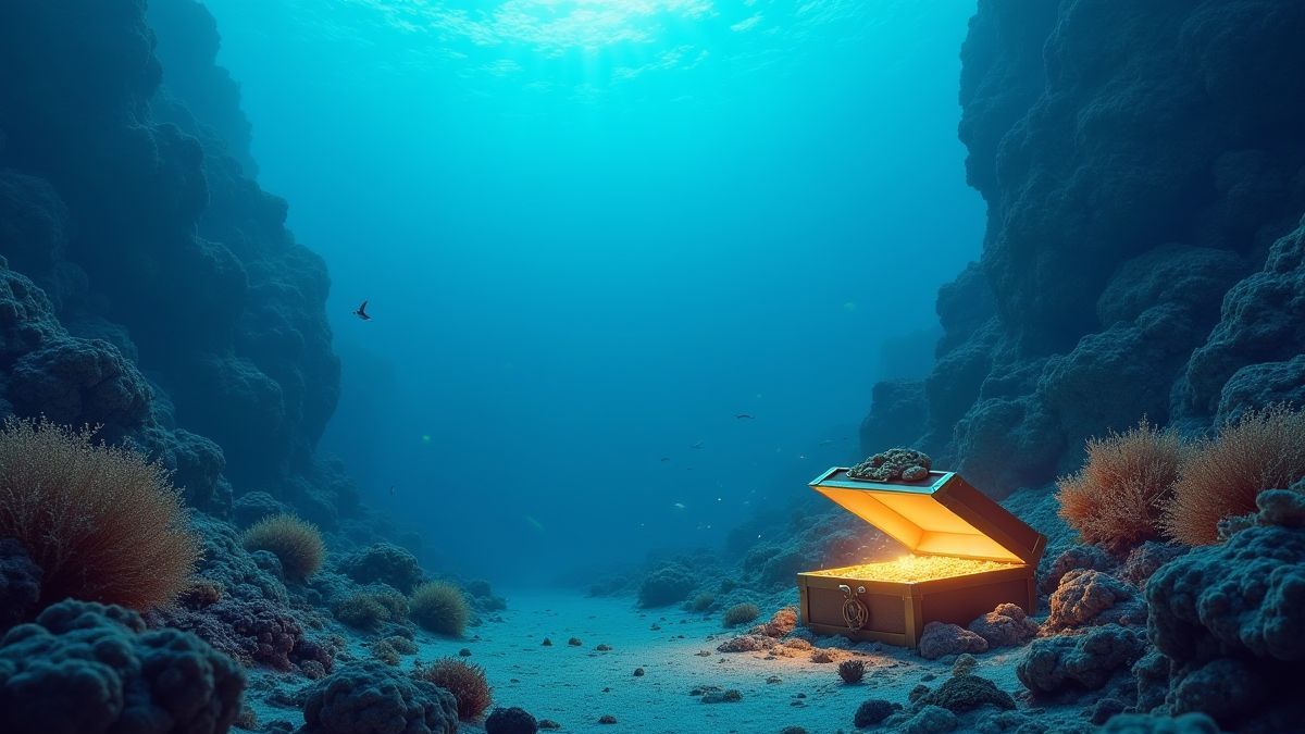 Un tranquilo mundo submarino con arrecifes y un tesoro resplandeciente.
