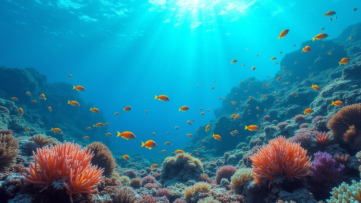 Korallenriffe mit tropischen Fischen, die schwimmen und Blasen, die aufsteigen.