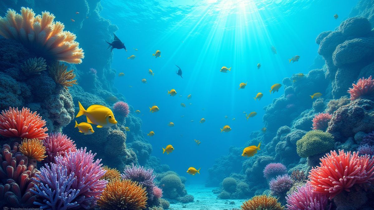 Scène sous-marine avec des poissons tropicaux et des récifs coralliens.