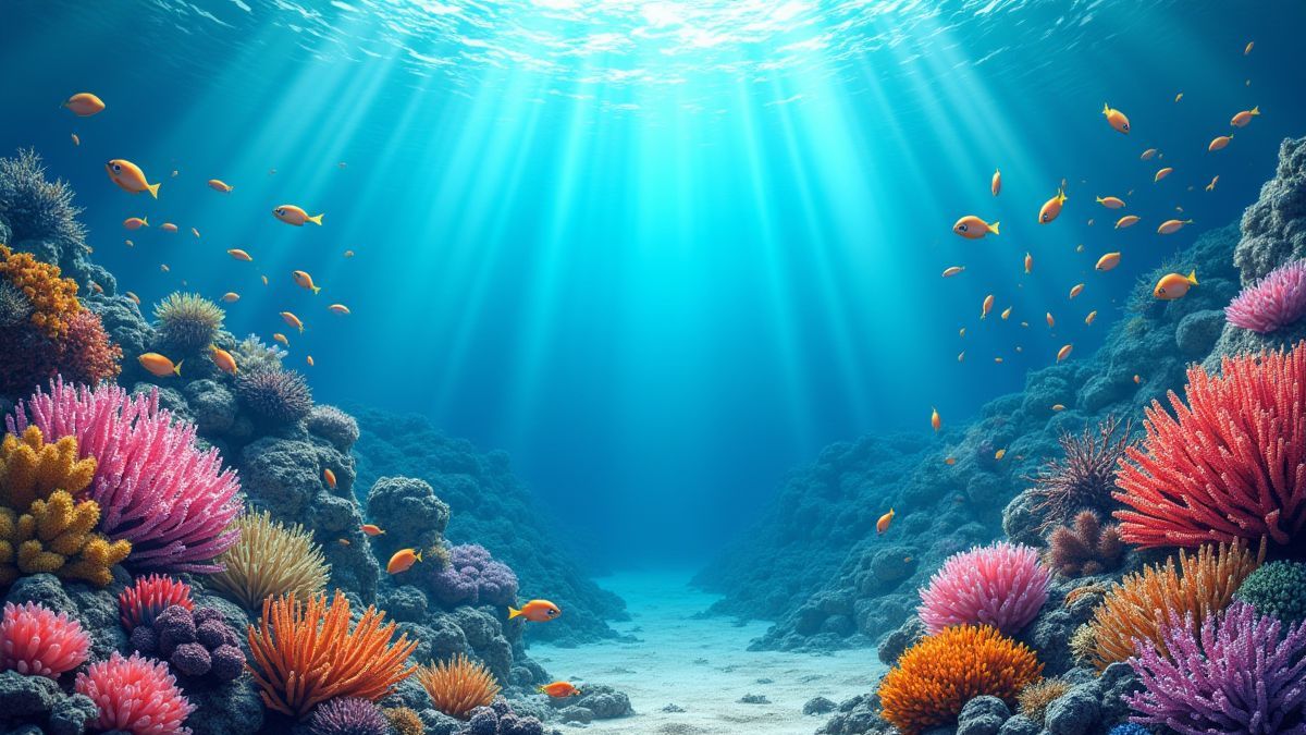 Underwater scene with coral and sea creatures.
