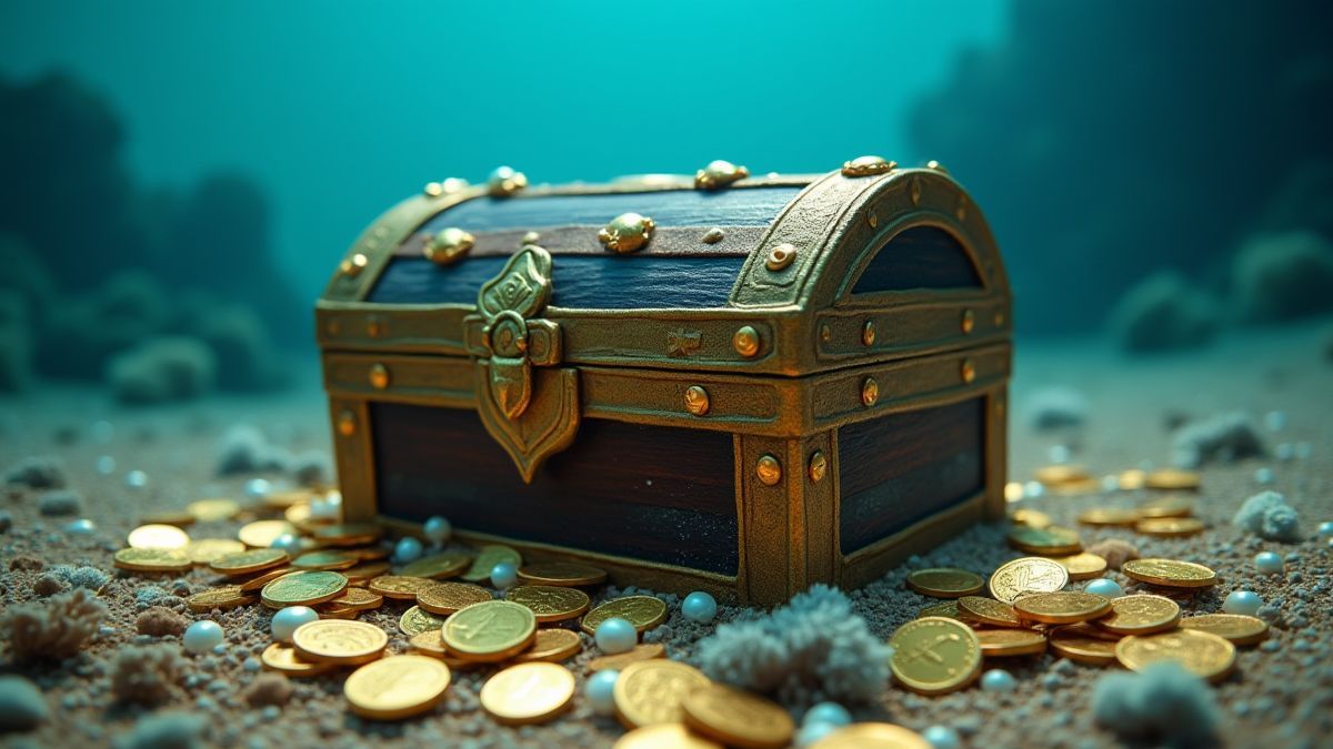 A treasure chest surrounded by pearls and gold coins underwater.