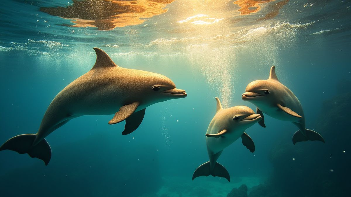Goldene Delfine, die anmutig in einer funkelnden Unterwasserumgebung schwimmen.