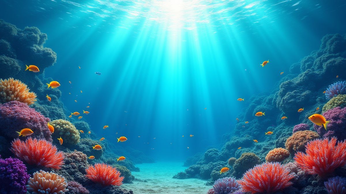 Cena submarina com recifes de coral e peixes tropicais.
