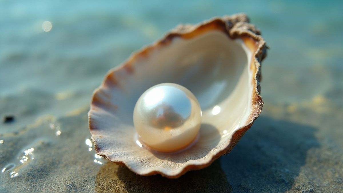 Uma pérola brilhante dentro de uma concha de ostra.