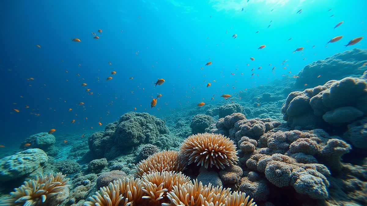 Um recife de coral cheio de vida, peixes e anêmonas.