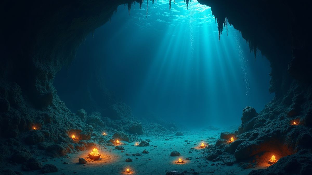 Uma caverna submarina com tesouros brilhantes.