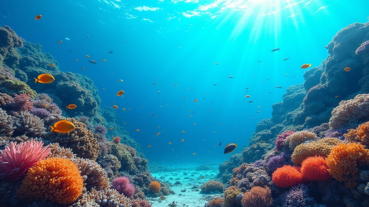 Escena submarina con arrecifes de coral y peces tropicales coloridos.