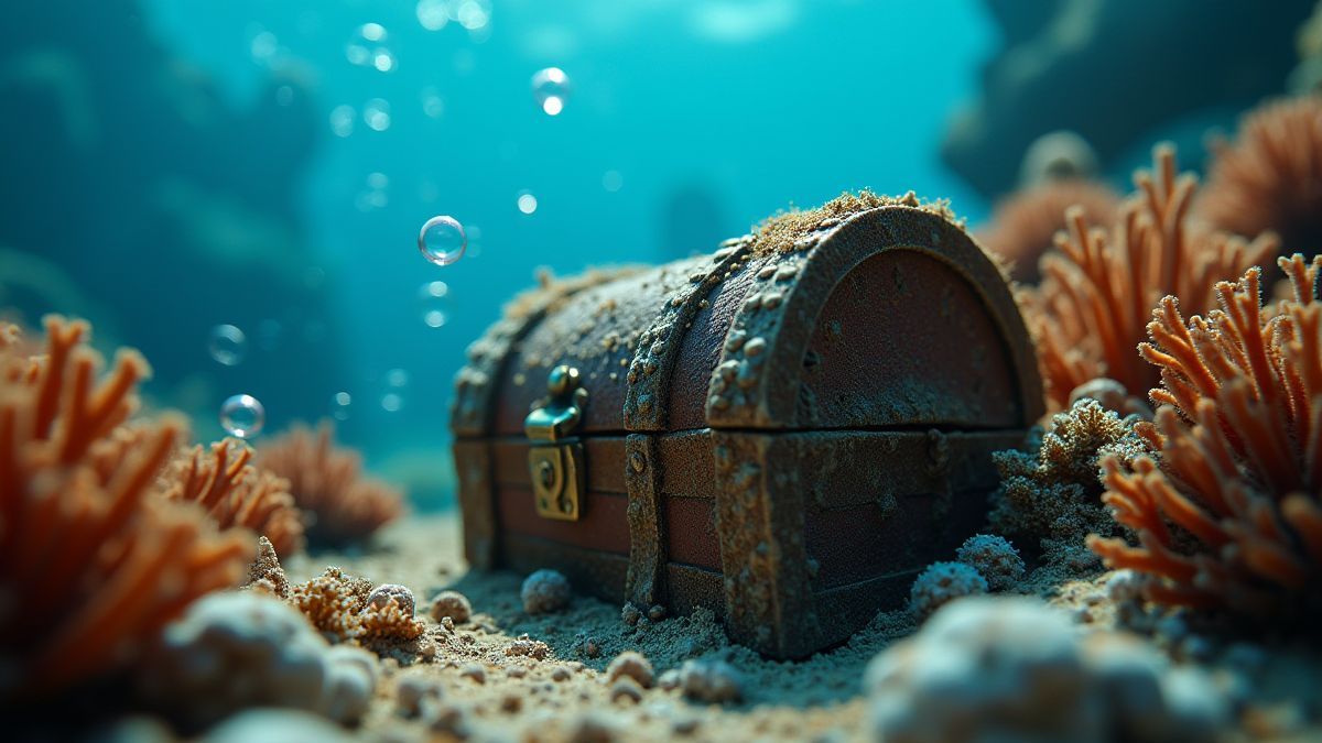 Cofre del tesoro rodeado de corales y burbujas en el fondo del océano.