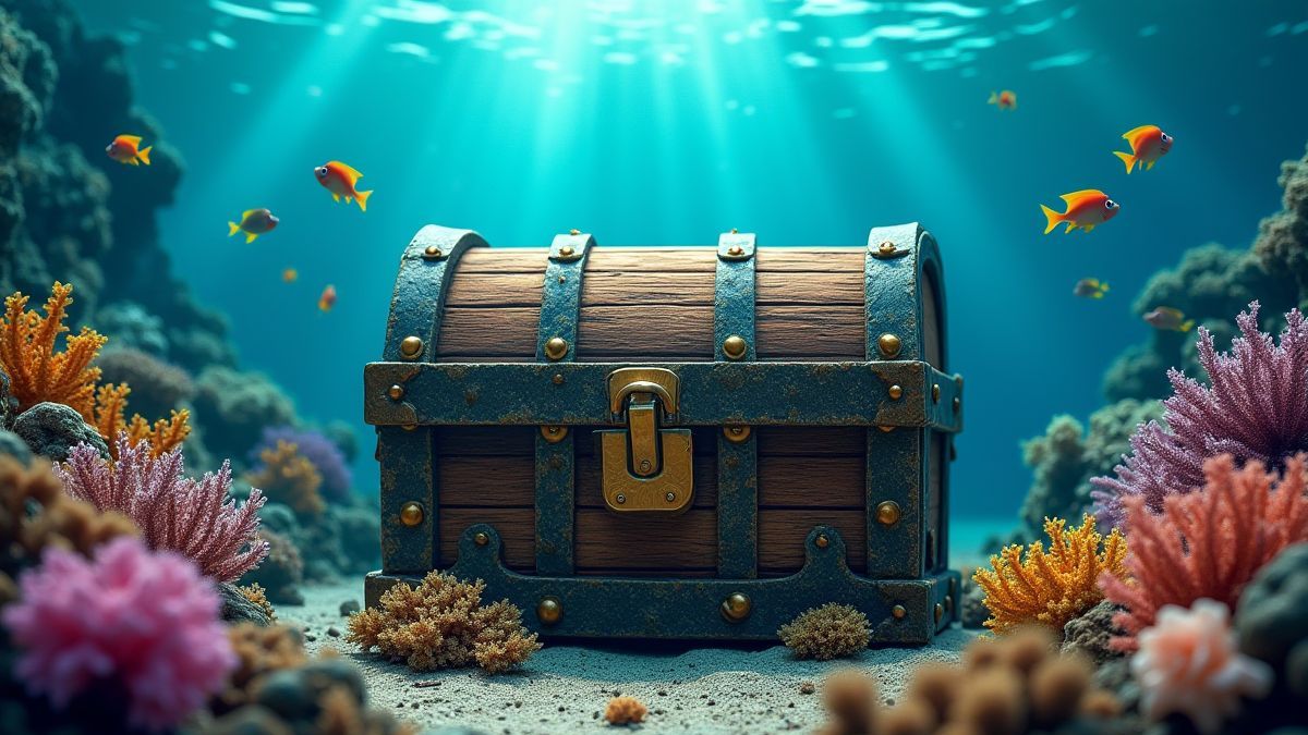 Un cofre del tesoro rodeado de corales y peces en el océano.