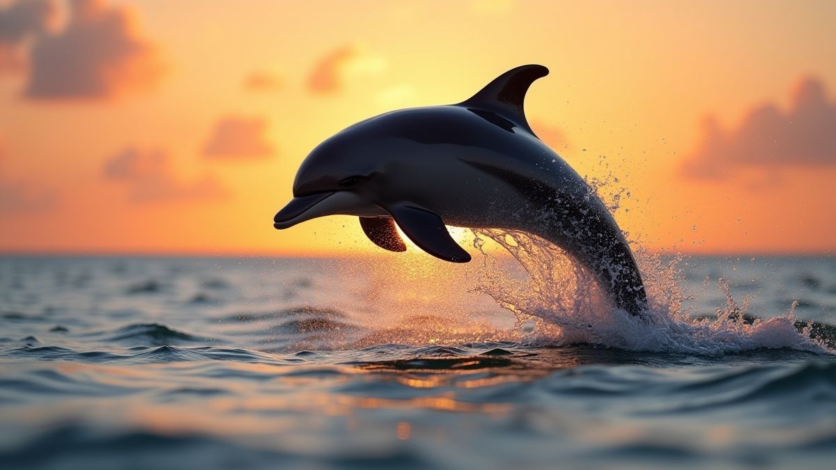Un delfín saltando fuera del agua al atardecer.