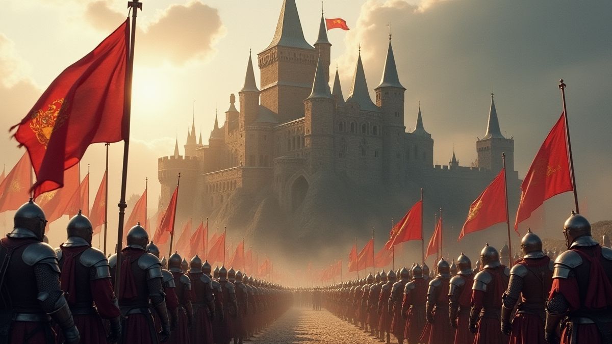 Middeleeuws kasteel omringd door ridders en vlaggen