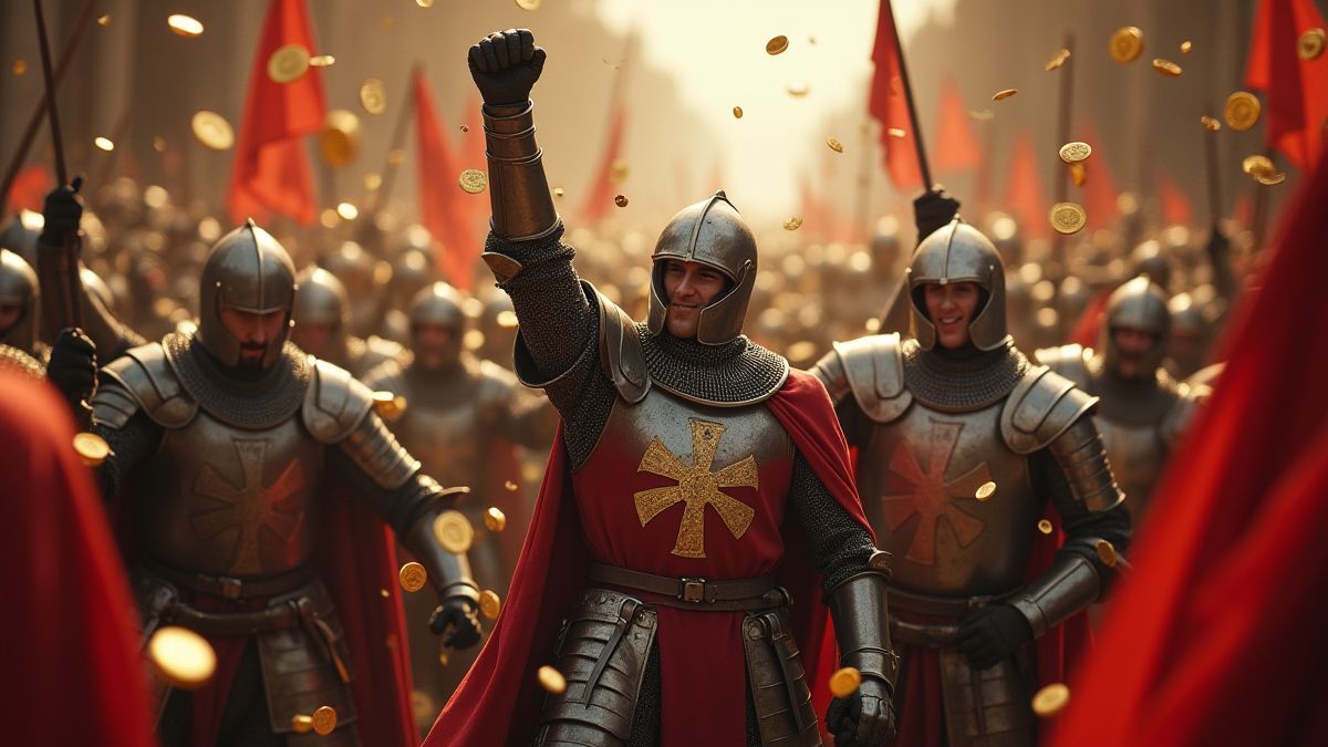 Middeleeuwse ridders vieren met vallende gouden munten