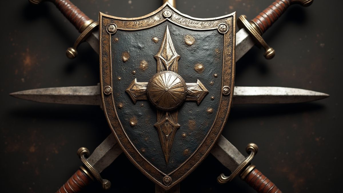 Escudo medieval con diseños intrincados y espadas cruzadas.