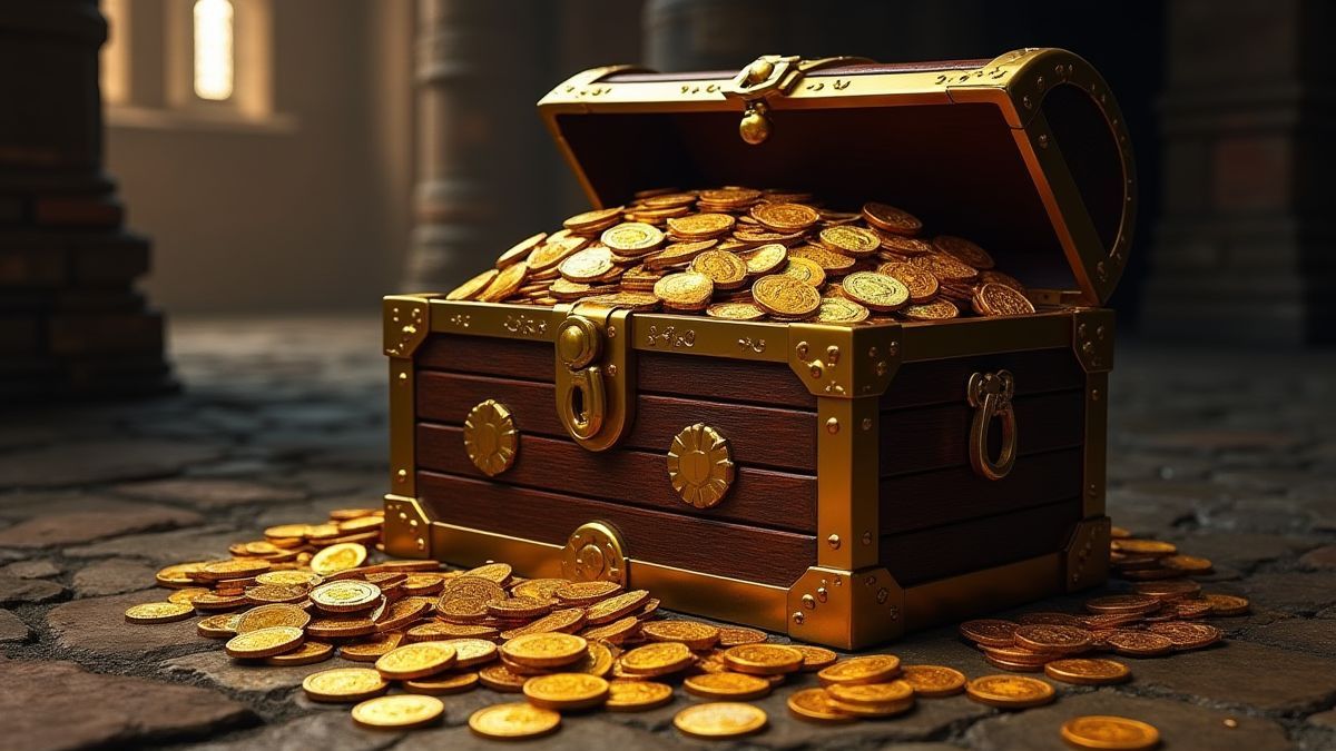 Cofre del tesoro lleno de monedas de oro y joyas en un castillo medieval.
