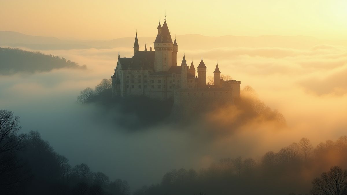 Mittelalterliche Burg umgeben von Nebel und goldenem Licht.