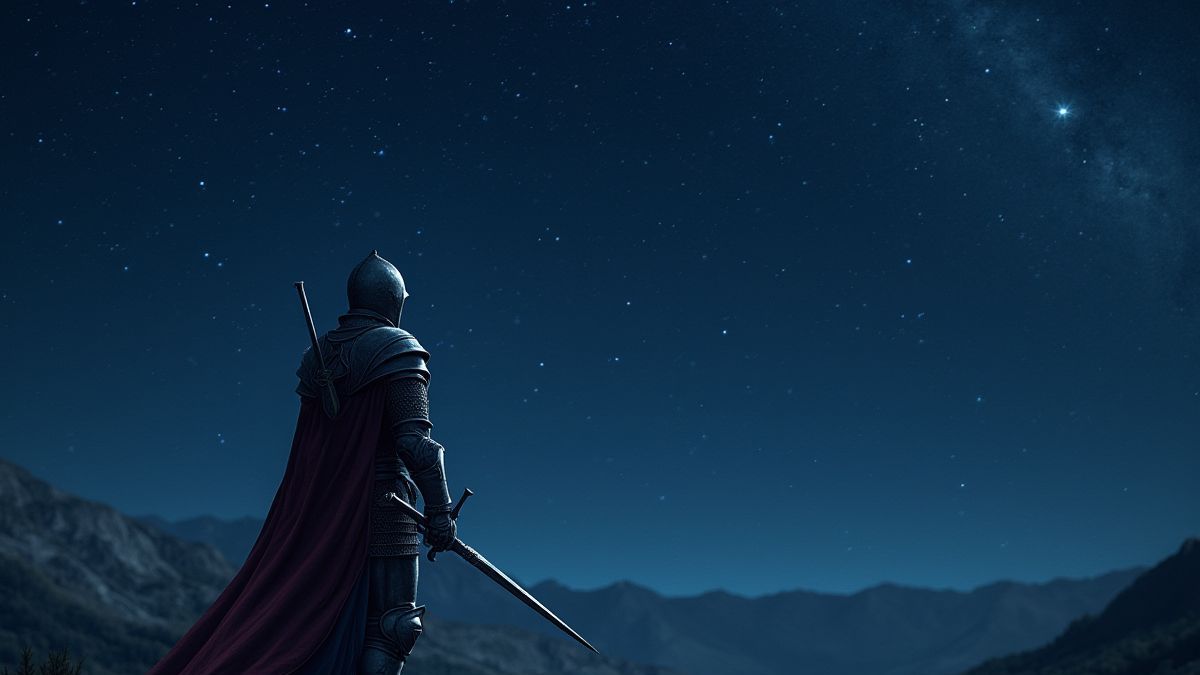 Ritter mit Schwert unter einem sternenklaren Himmel.