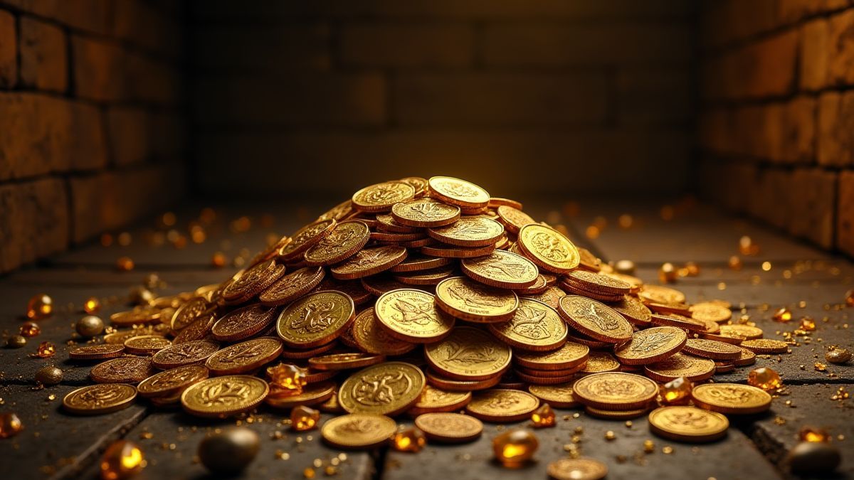 Haufen von Goldmünzen und Juwelen in einem mittelalterlichen Gewölbe.