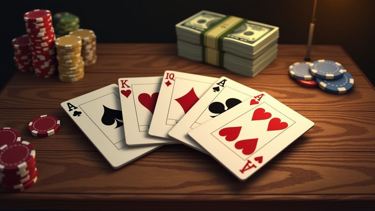 Pokerkaarten en geld op een vintage houten tafel.