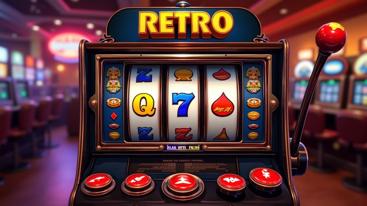 Machine à sous rétro avec des symboles colorés dans un cadre de casino vintage.