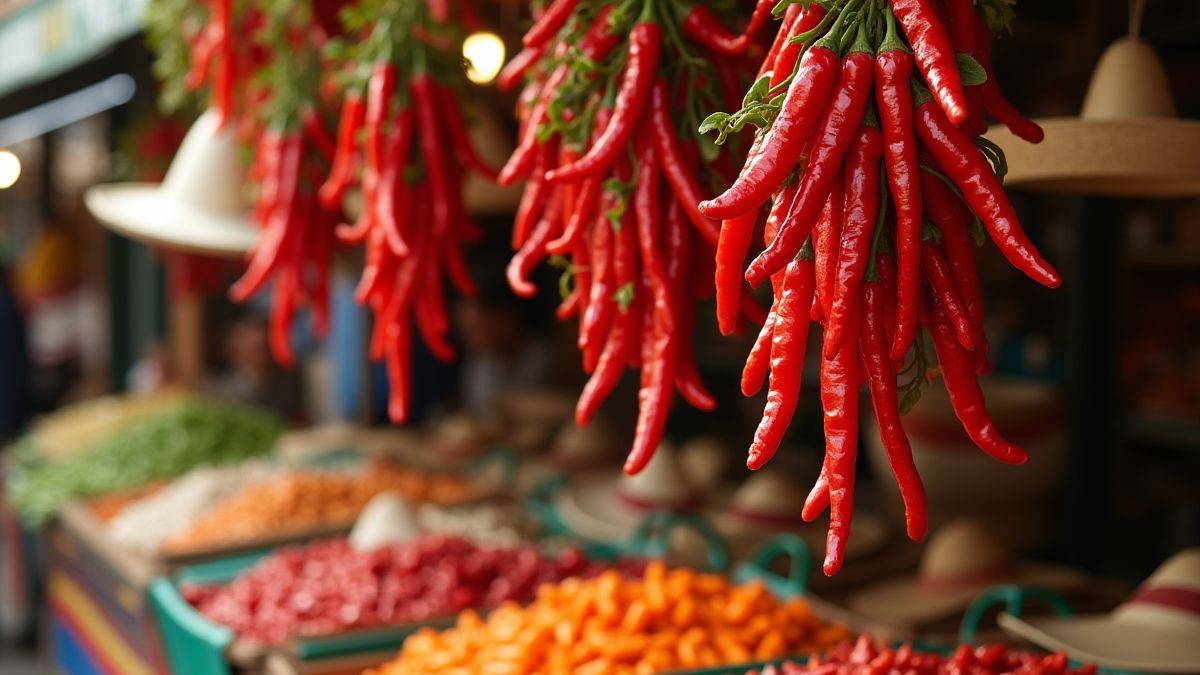 Spanischer Markt mit Paprika und Sombreros in einer festlichen Atmosphäre.