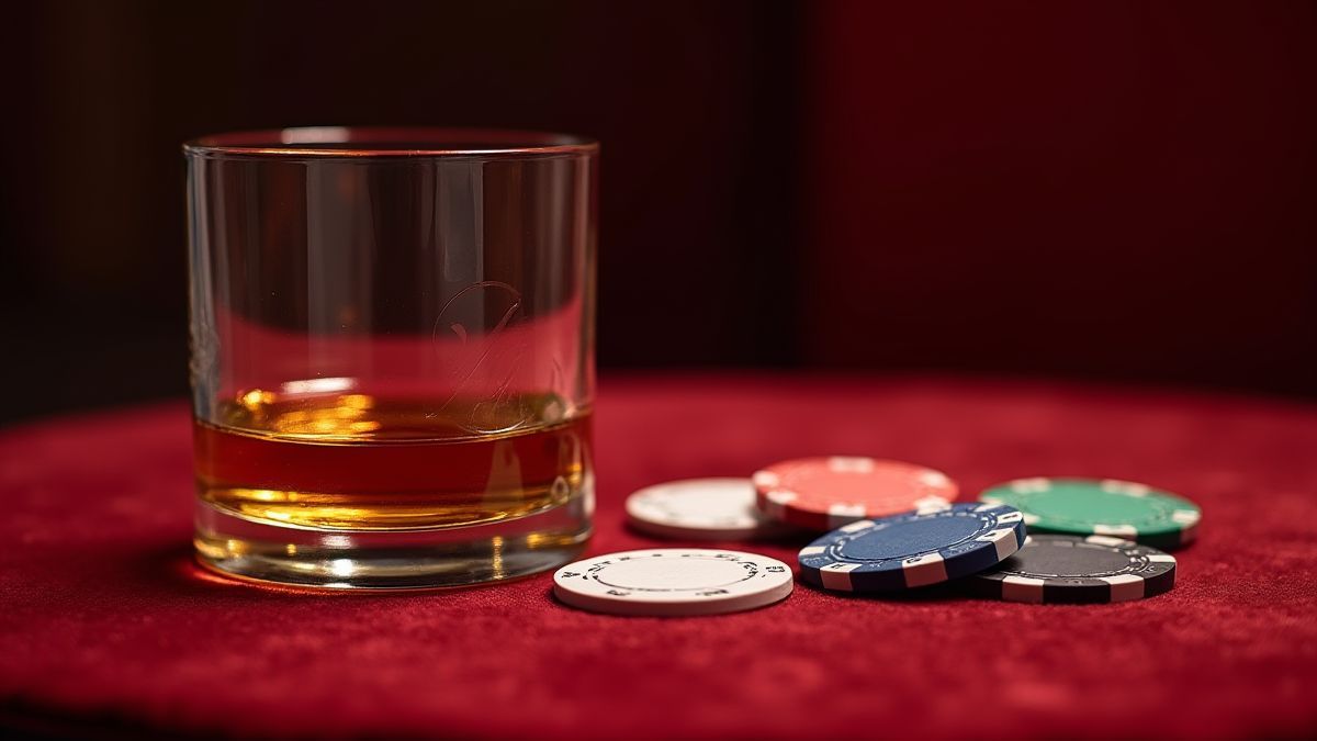 A whiskey glass next to poker chips on a velvet table.