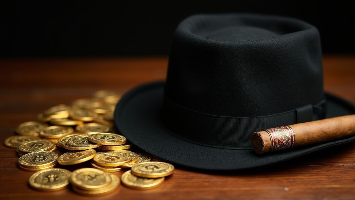 A pile of gold coins next to a mafia hat and a cigar.