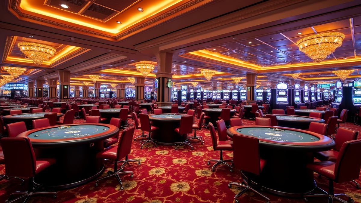 A luxury casino in Las Vegas with bright lights and poker tables.