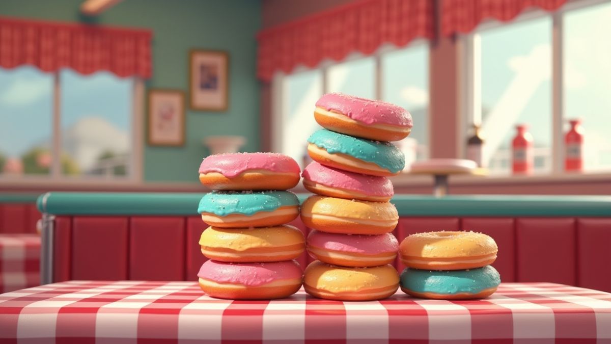 Colorful donuts in a retro American diner.