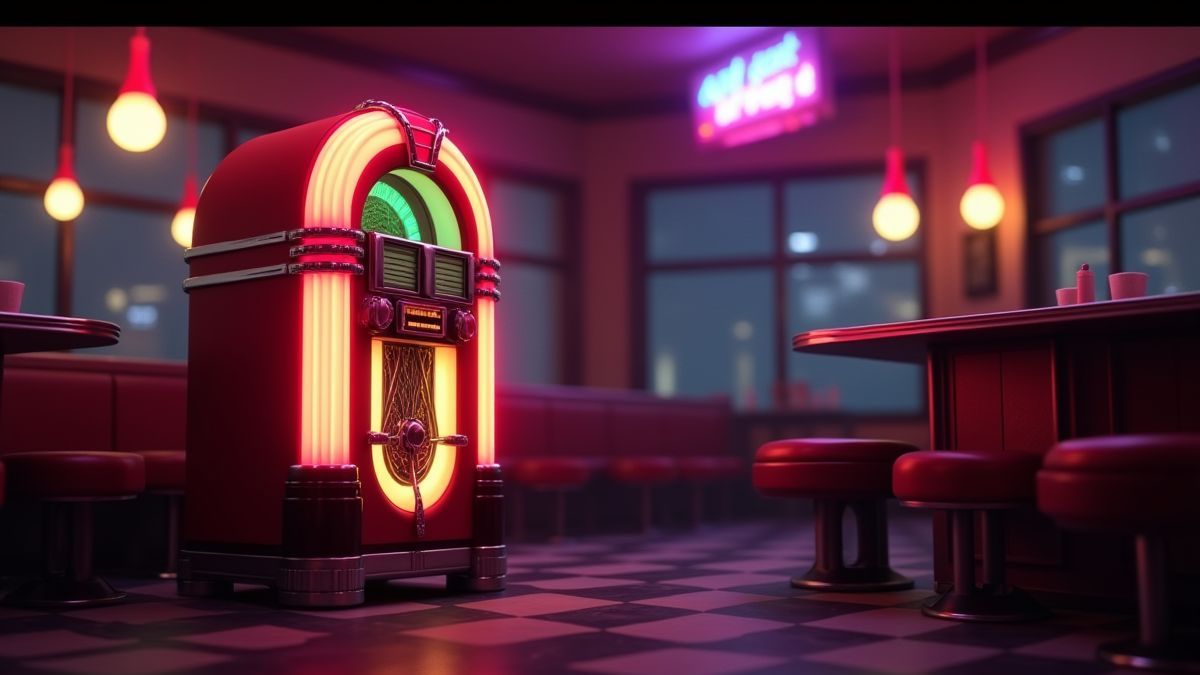 Retro jukebox illuminated in an American diner.