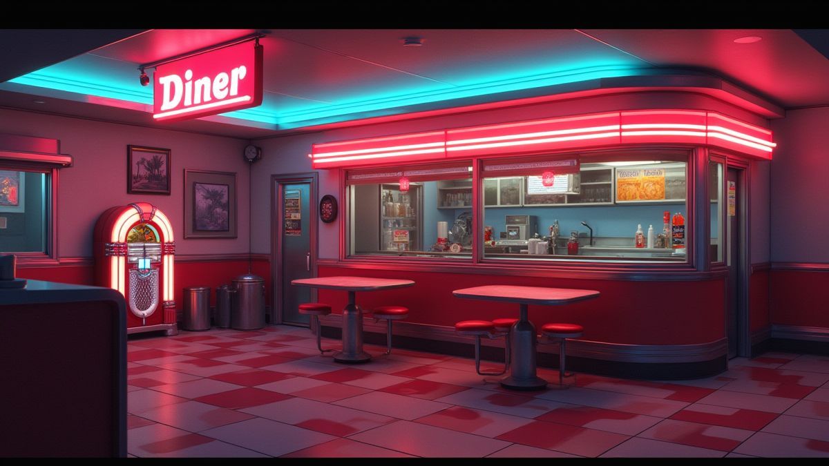 Scène animée d'un diner des années 50 avec lumières néon et jukebox.