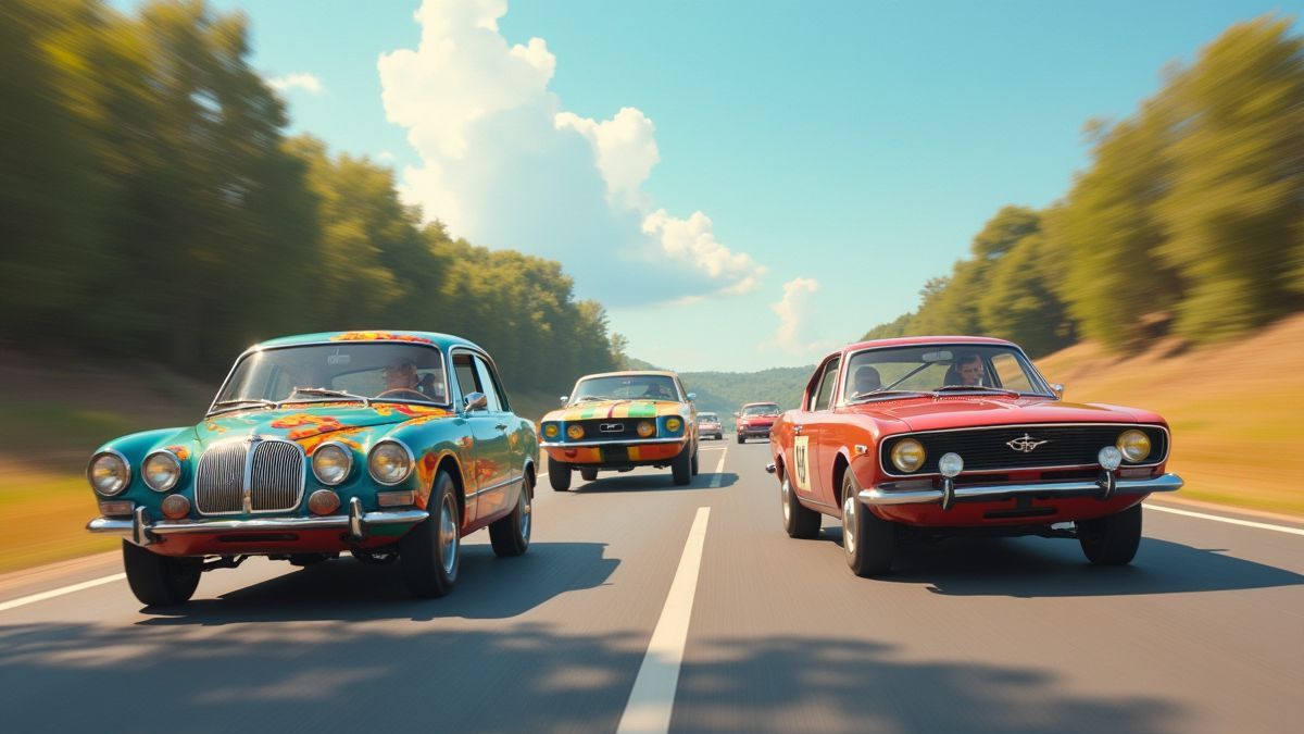 Scène d'une course de voitures classiques sur une route ensoleillée.