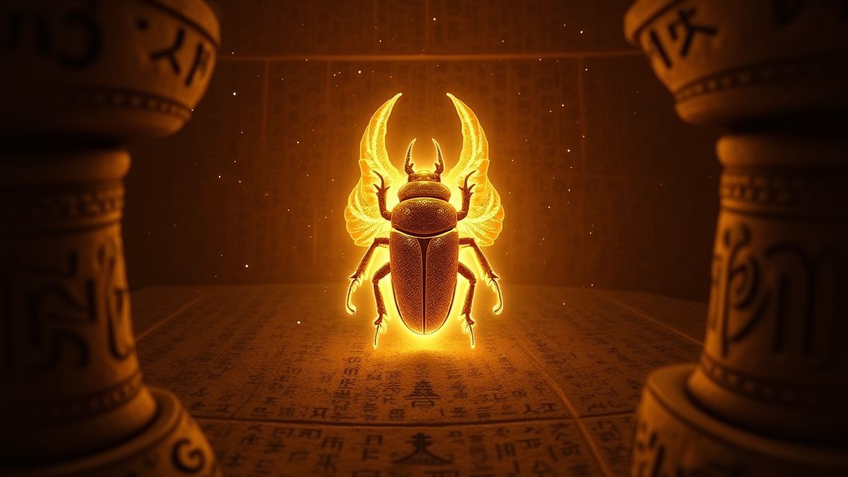 Scarabée doré entouré de hiéroglyphes dans une tombe ancienne.