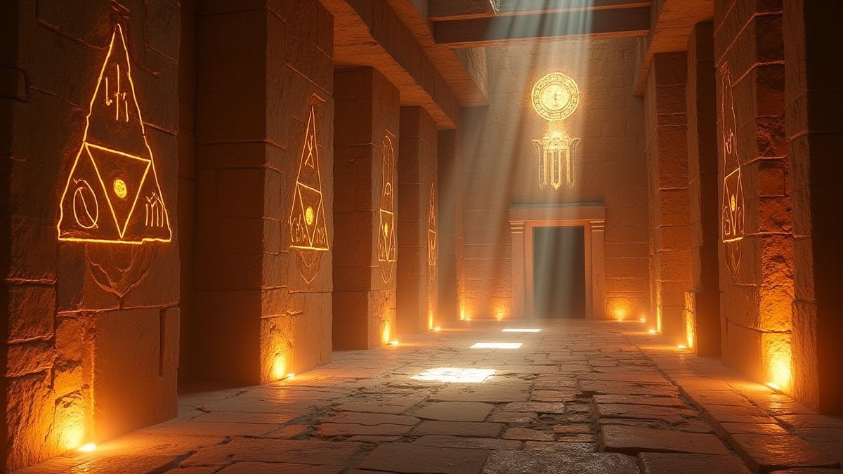Intérieur d'un temple égyptien avec énergie magique et symboles expansifs sur les murs.