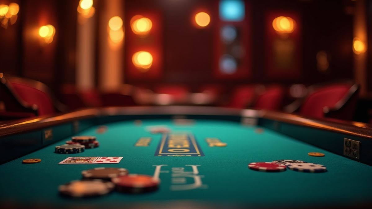 Mesa de pôquer com fichas, cartas e luzes de cassino.