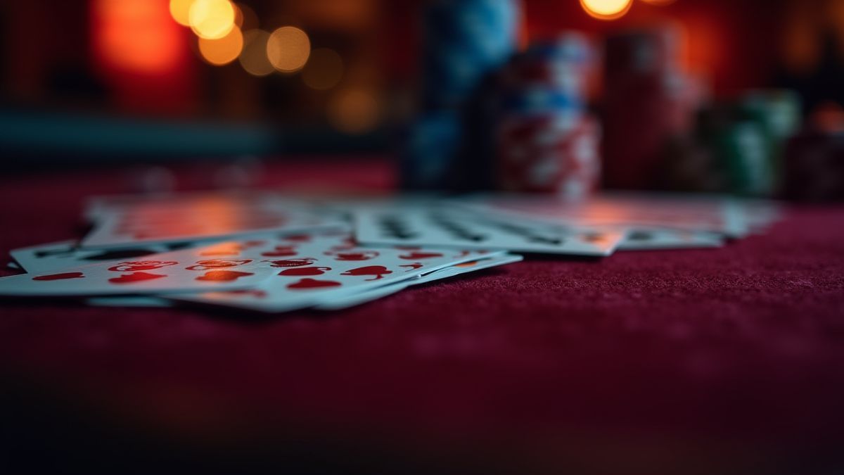 Fichas e cartas de pôquer em uma mesa de veludo.