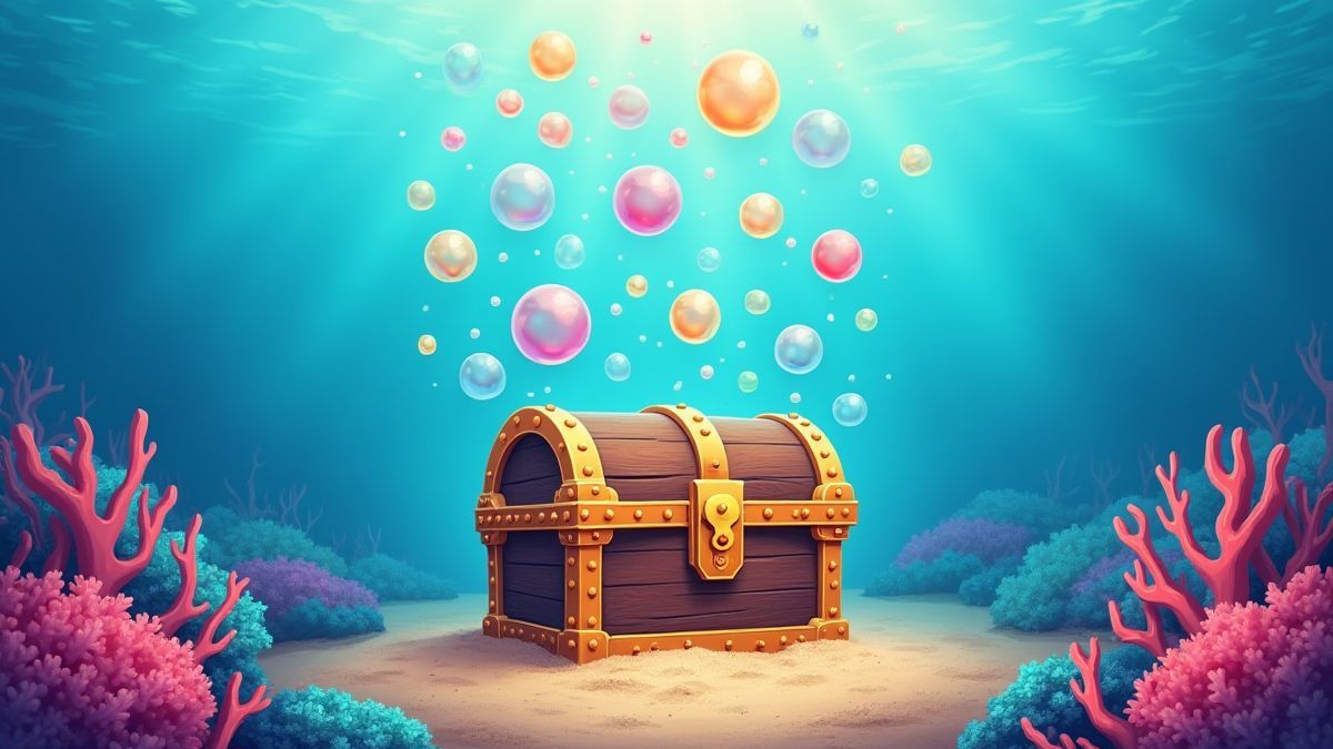 Bulles au-dessus d'un coffre au trésor entouré de récifs coralliens.