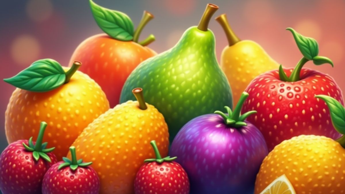 Bunte Fruchtsymbole in einer lebhaften Umgebung.