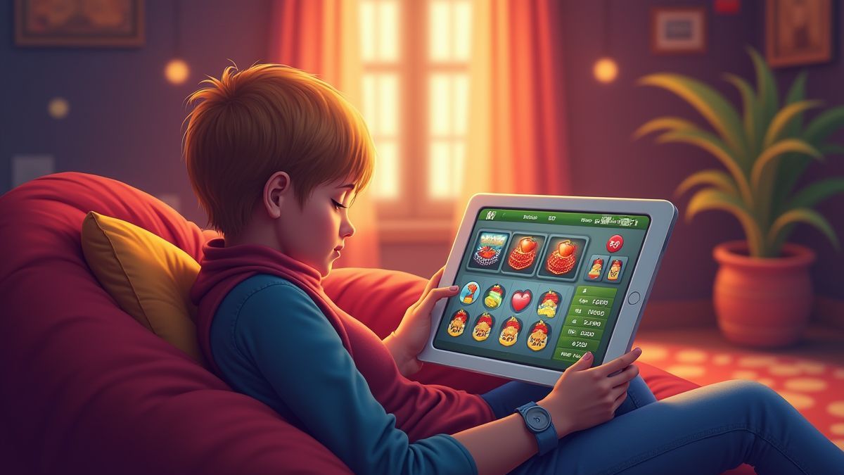 Spieler, der die Regeln des Spielautomaten in einer gemütlichen Umgebung liest.