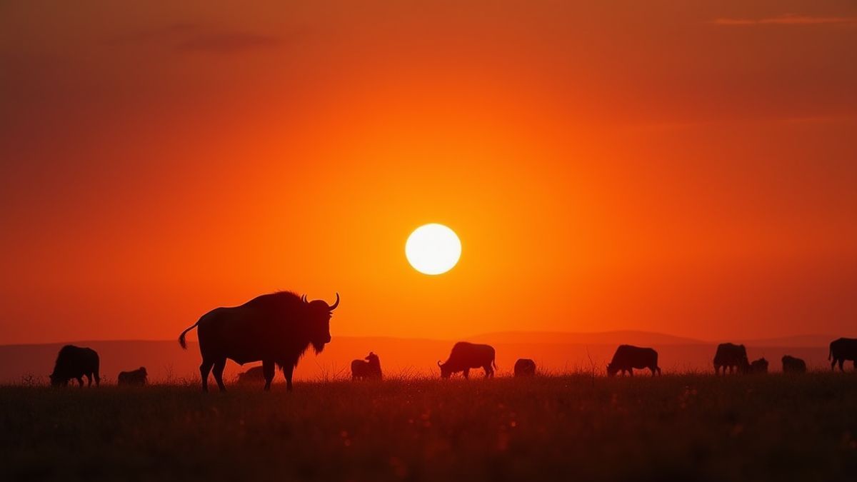 Búfalos en la distancia bajo un atardecer sereno