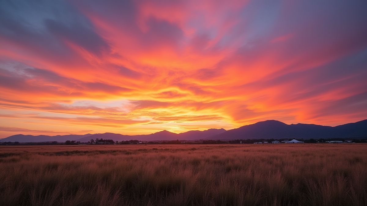 Atardecer colorido sobre la pradera con montañas al fondo