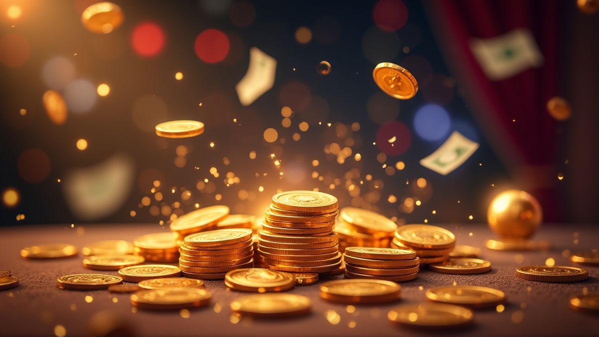 Casino environment filled with floating coins and cash.
