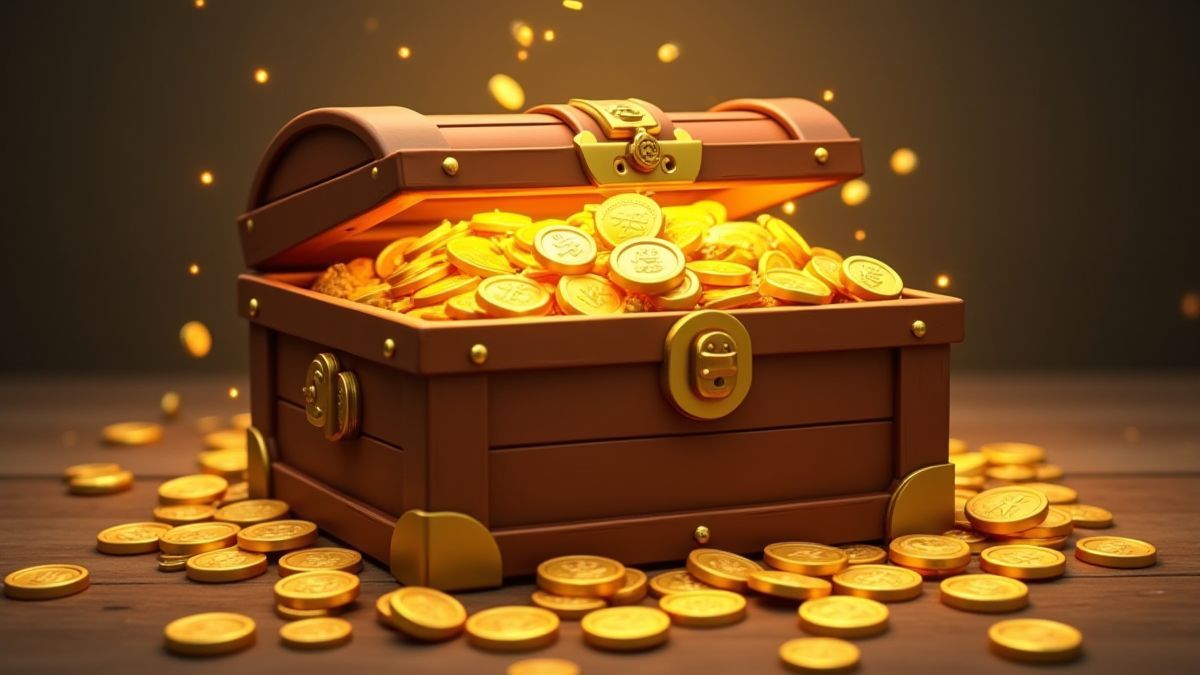 A treasure chest filled with gold coins and bills.