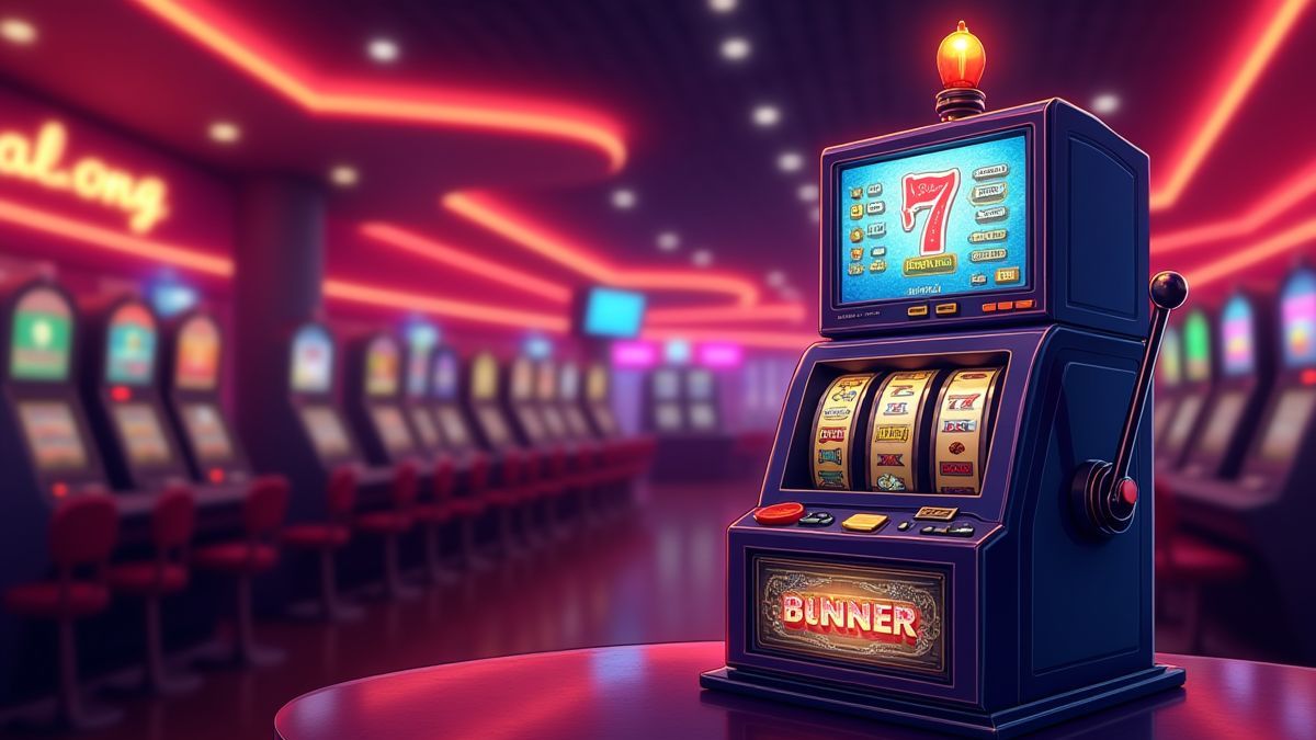 Klassischer Spielautomat in einem Retro-Casino mit Neonlichtern.